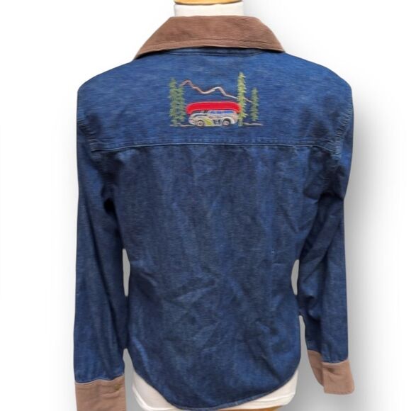 Denim Jacket Camping Embroidered Camp Scene Corduroy Collar Cuffs Blue Medium - Picture 2 of 9